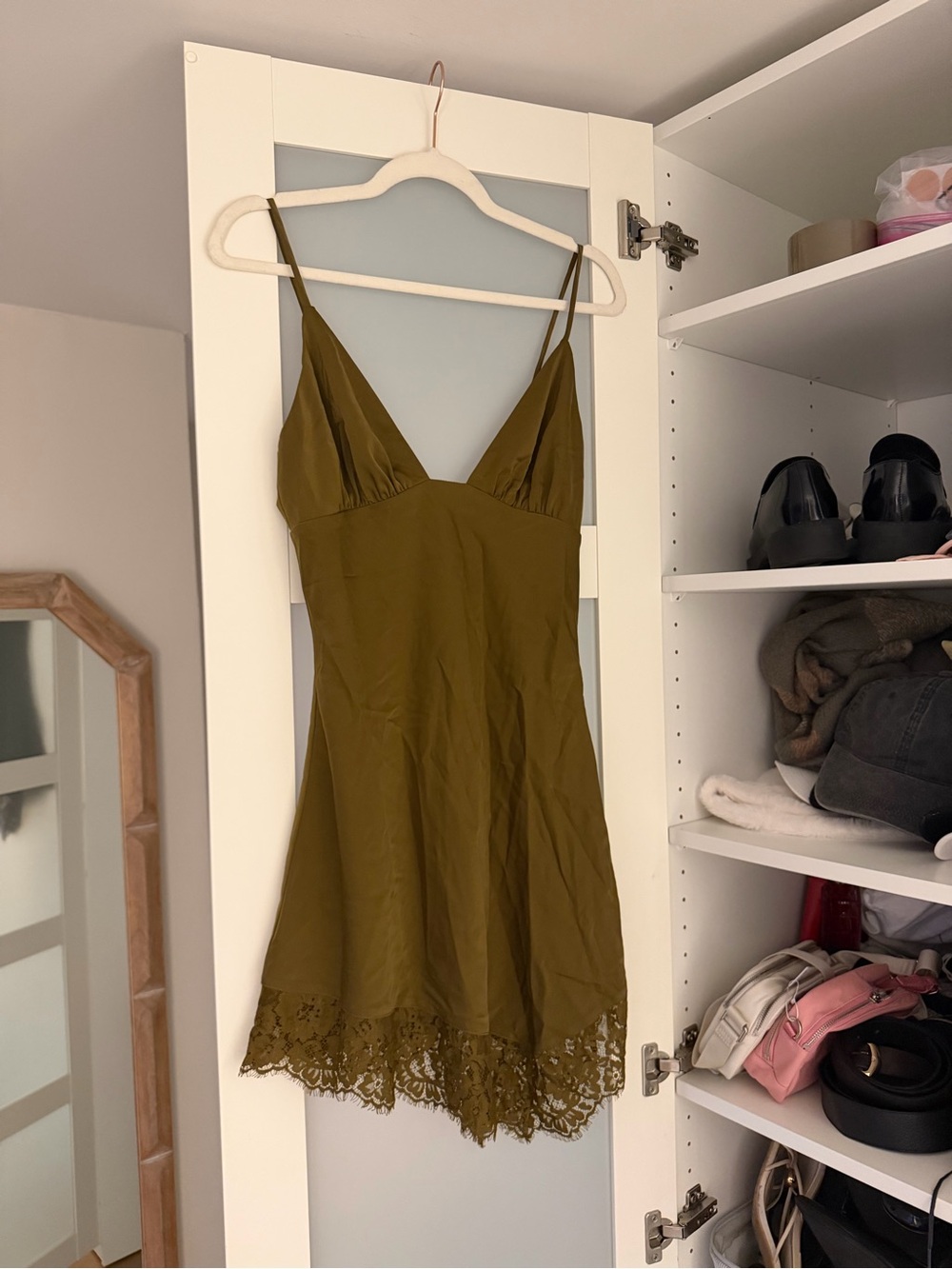House of Harlow 1960 Olive Green Lace-Hem Slip Dress